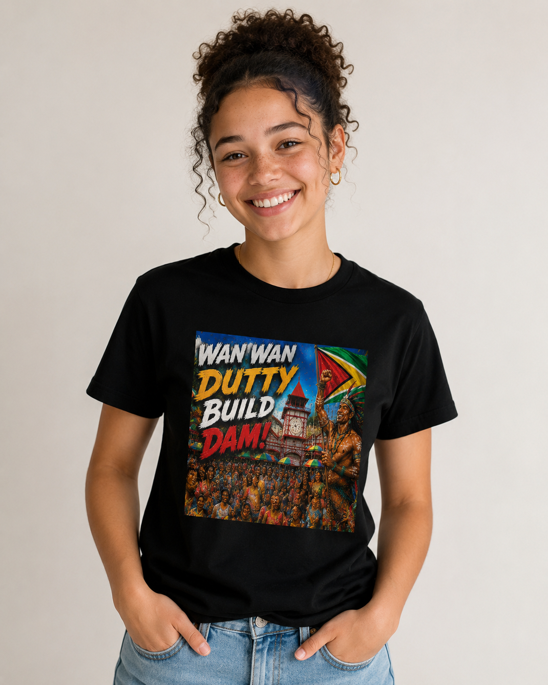 Model wearing the Wan Wan Dutty Build Dam T-shirt