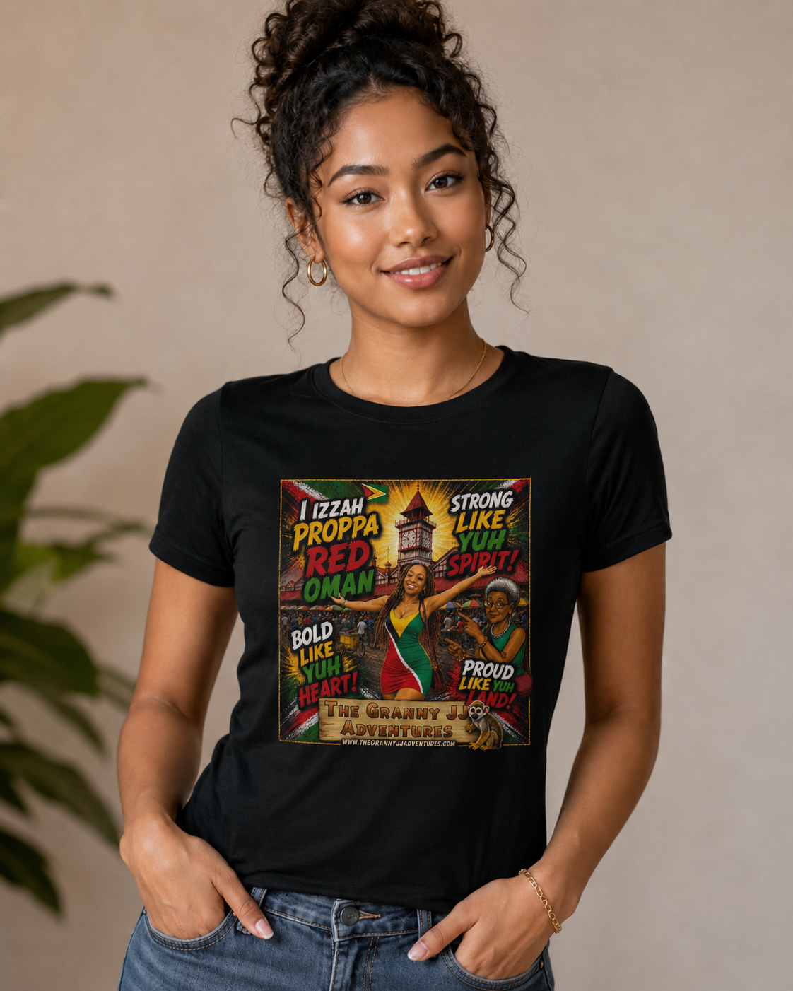 Model wearing the I Is ah proppa red oman T-shirt